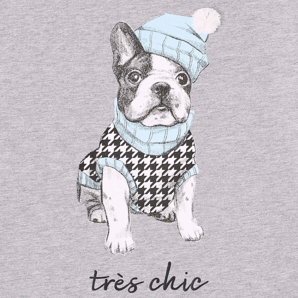 NWT Graphic Design “Frenchie Tres Chic” Long Sleeve Tee in Grey, Size 7/8